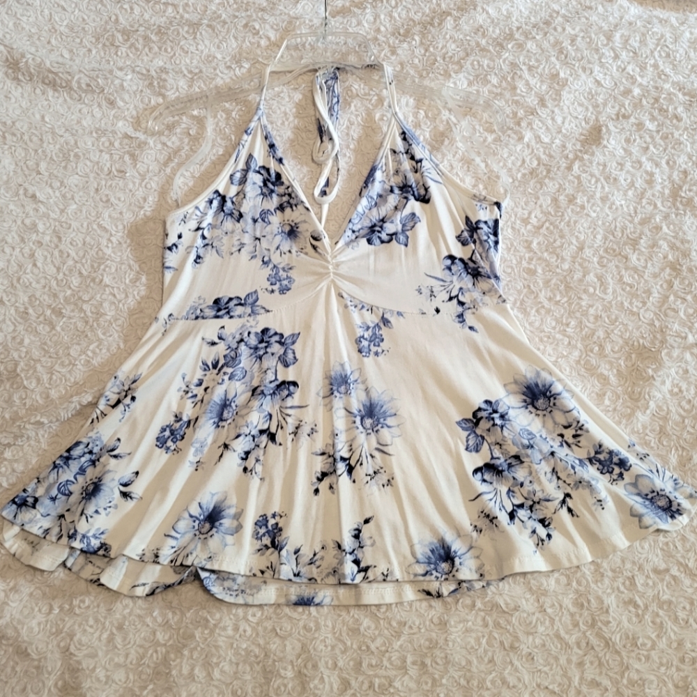 Lizabell halter top, ivory & blue floral, size large NWT